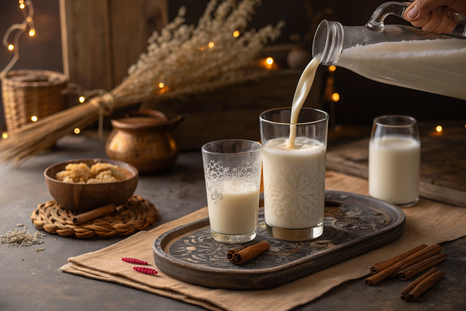 Artisan horchata ritual, pouring fresh horchata into a designer glass, warm Mediterranean lighting, chufa fields in the background, authentic and elegant atmosphere.